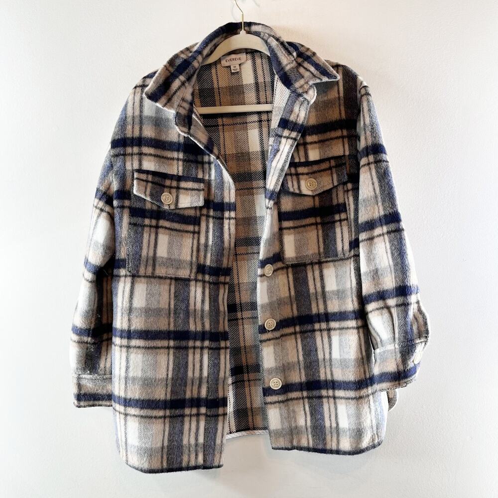 Evereve Plaid Simone Long Sleeve Chest Pocket Oversized Shacket Gray Blue XS - Picture 3 of 5